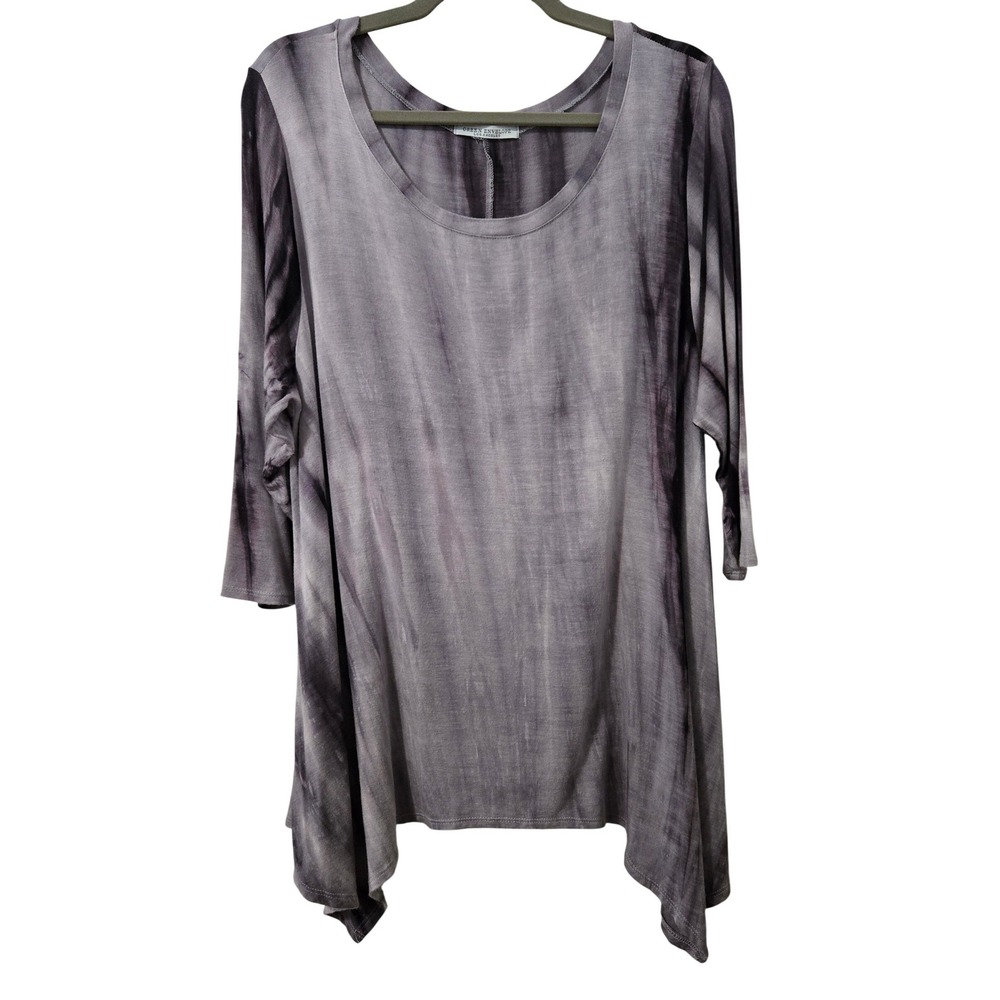Green Envelope XL Lagenlook Tie Dye Sharkbite Hem Tunic 3/4 Sleeve Scoop Neck